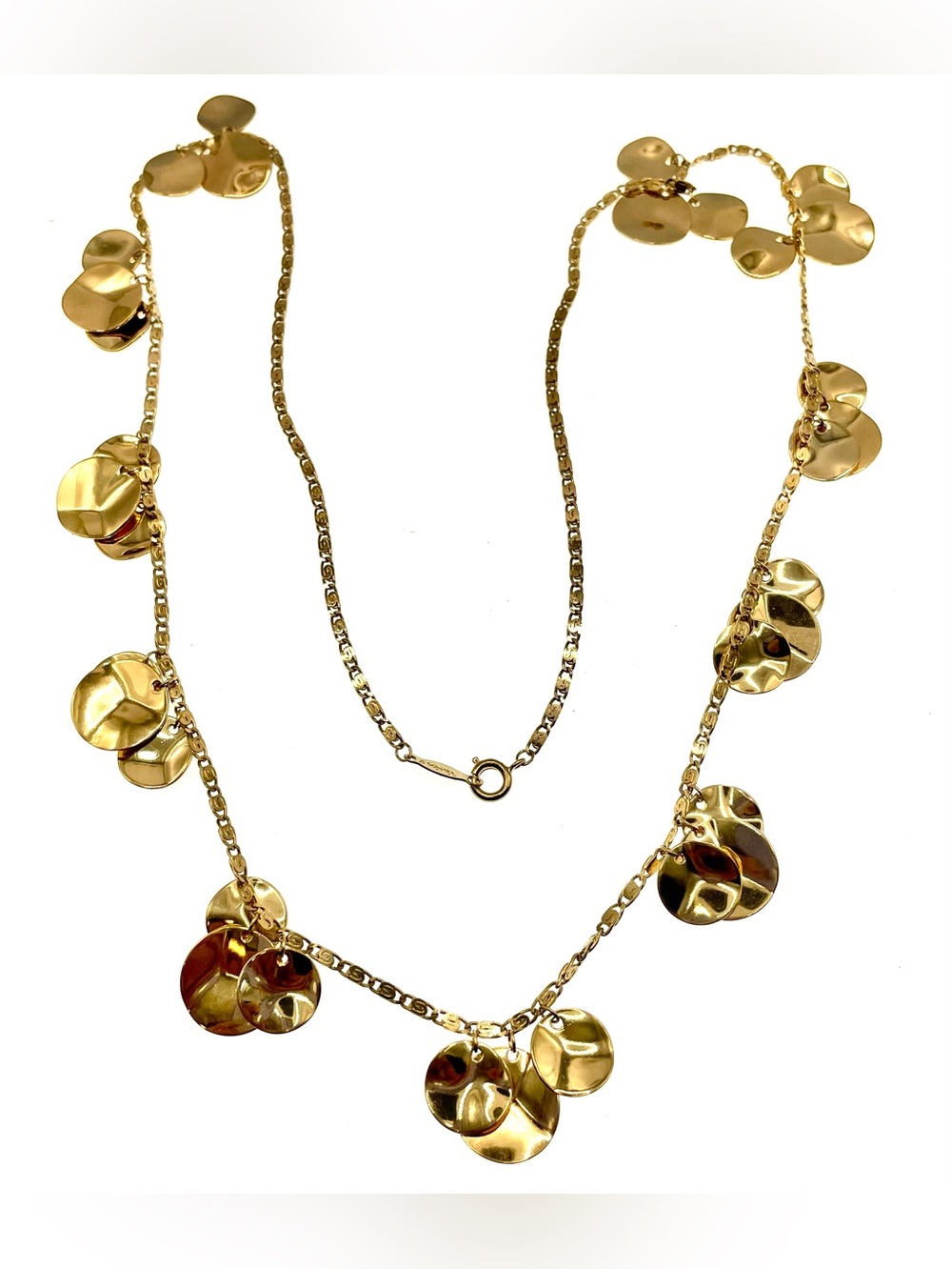 Vintage Napier 30” Gold Tone Hammered Disc Necklace Dangling Charms